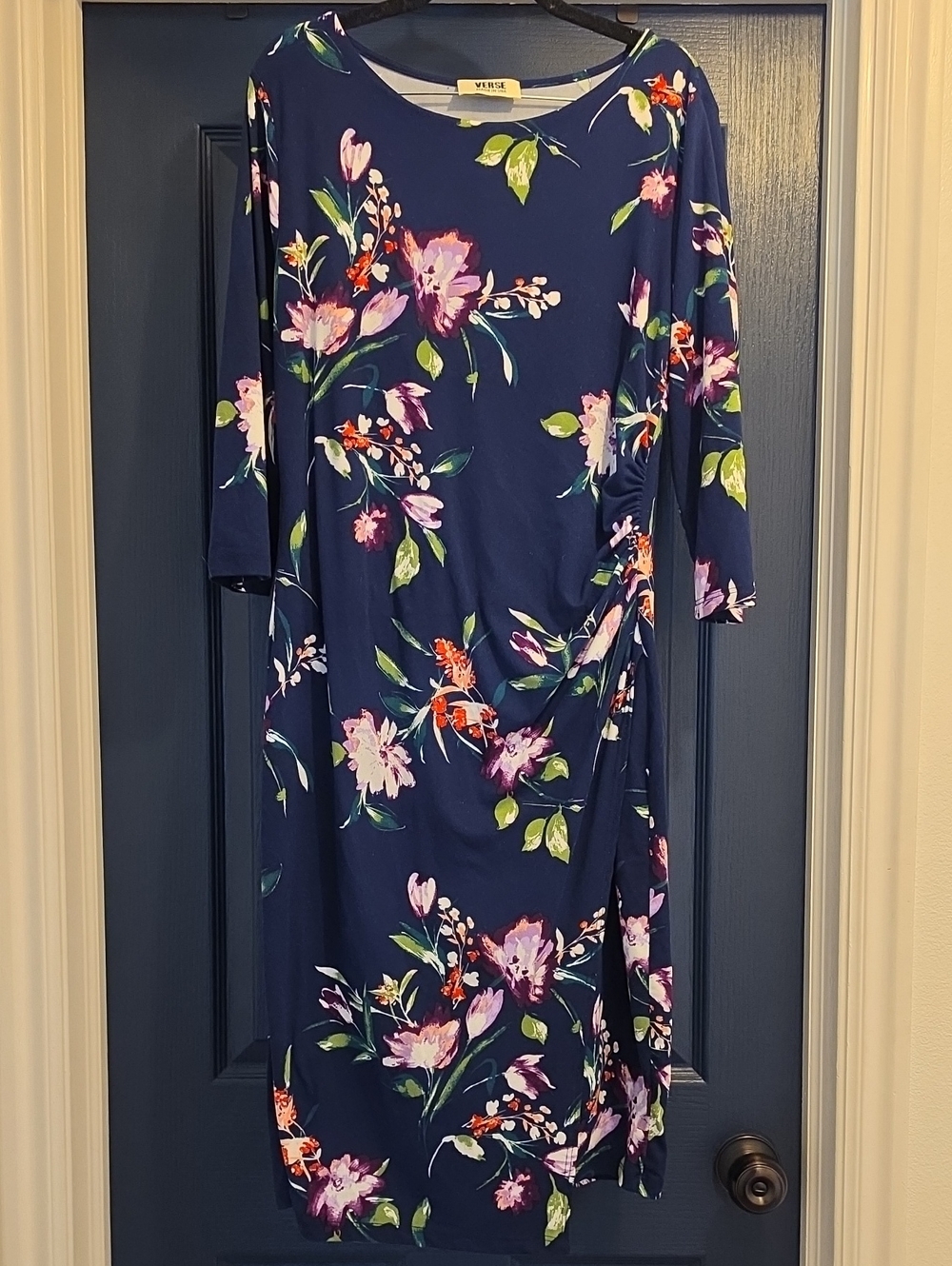 Verse Women's Large Navy Floral Midi Dress with Pink Blossoms and Green Leaves